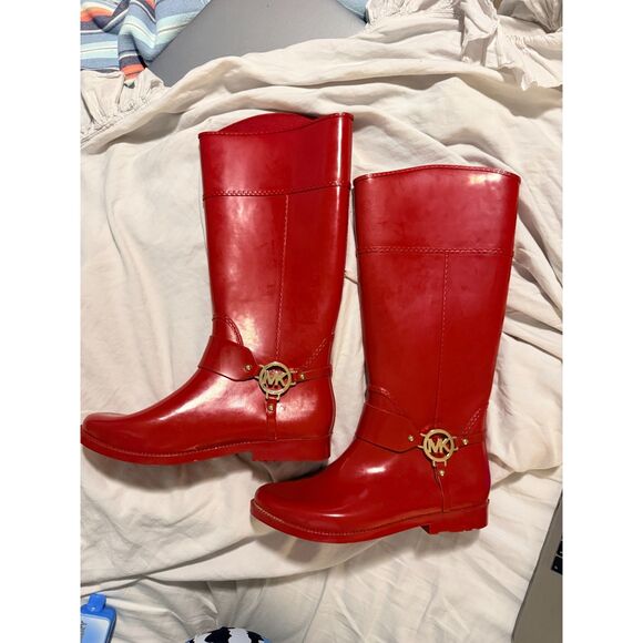 EUC Michael Kors Fulton Harness Tall Red Rubber Rain Boots - Picture 10 of 11